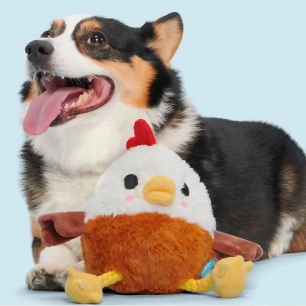 BARK 4.25” Classic Fuzzy Squeaky White Brown Gold Farm Rooster Plush Dog Toy